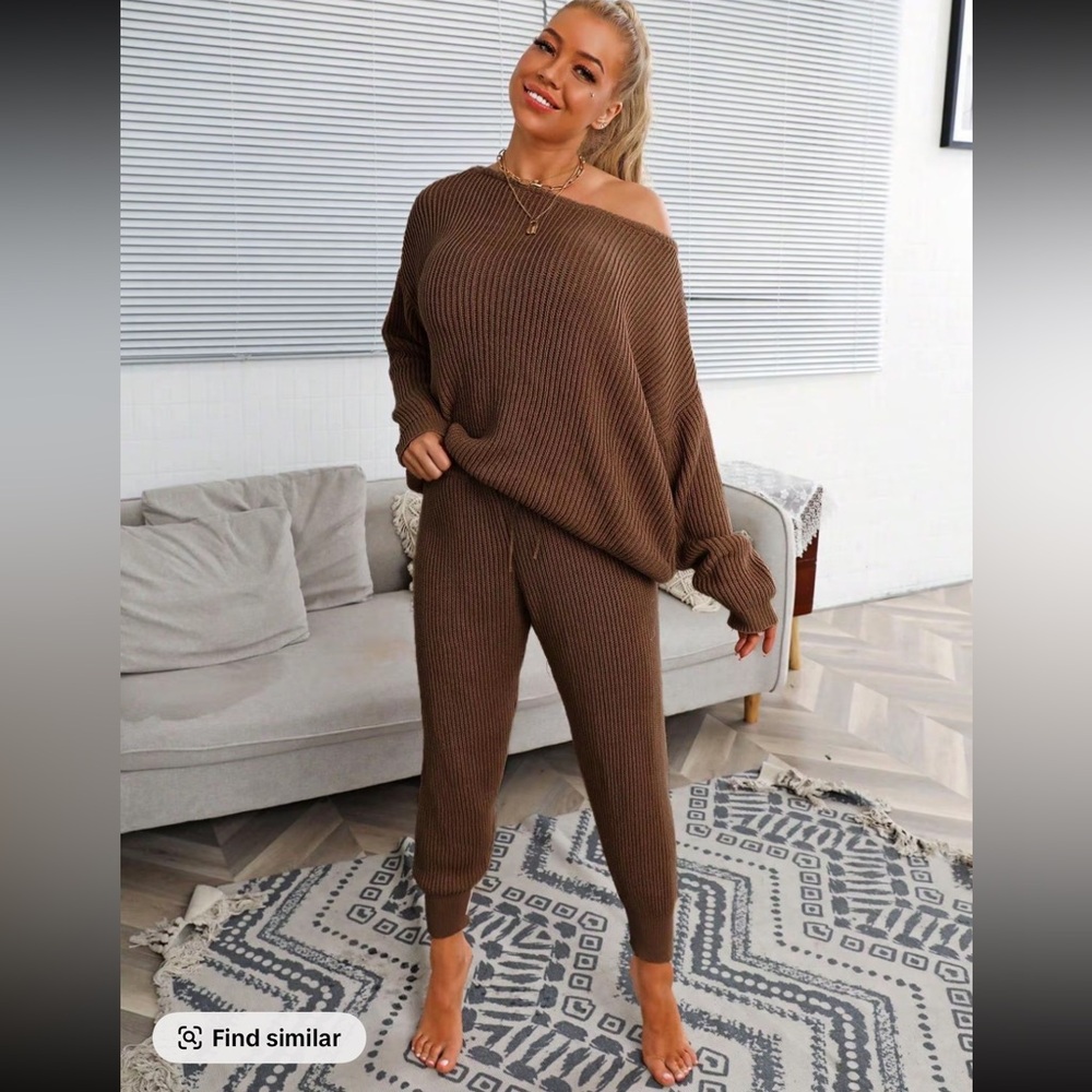 NIP JOYFUNEAR FASHION Coffee Brown Ribbed Knit Sweater Lounge Set